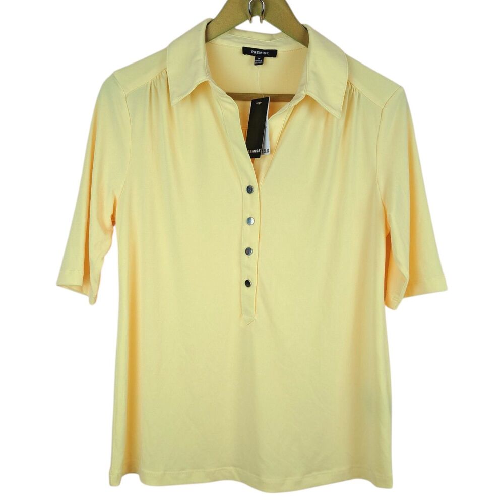 NEW Premise Women Top Casual Career Yellow Stretch Size M Short Sleeve
